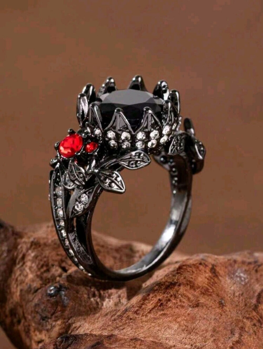 Gothic Black Floral Ring Red Zirconia Gem Accents Goth Vampire Dark Jewelry, 8 - Picture 5 of 5